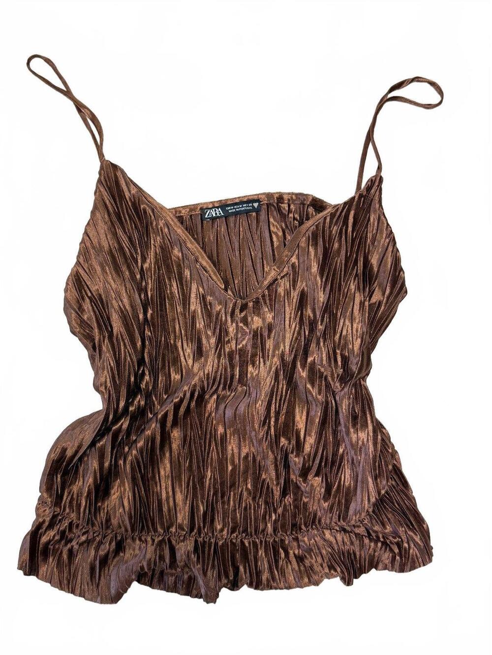 ZARA Brown Pleated Satin Camisole Top Medium M Made in Portugal